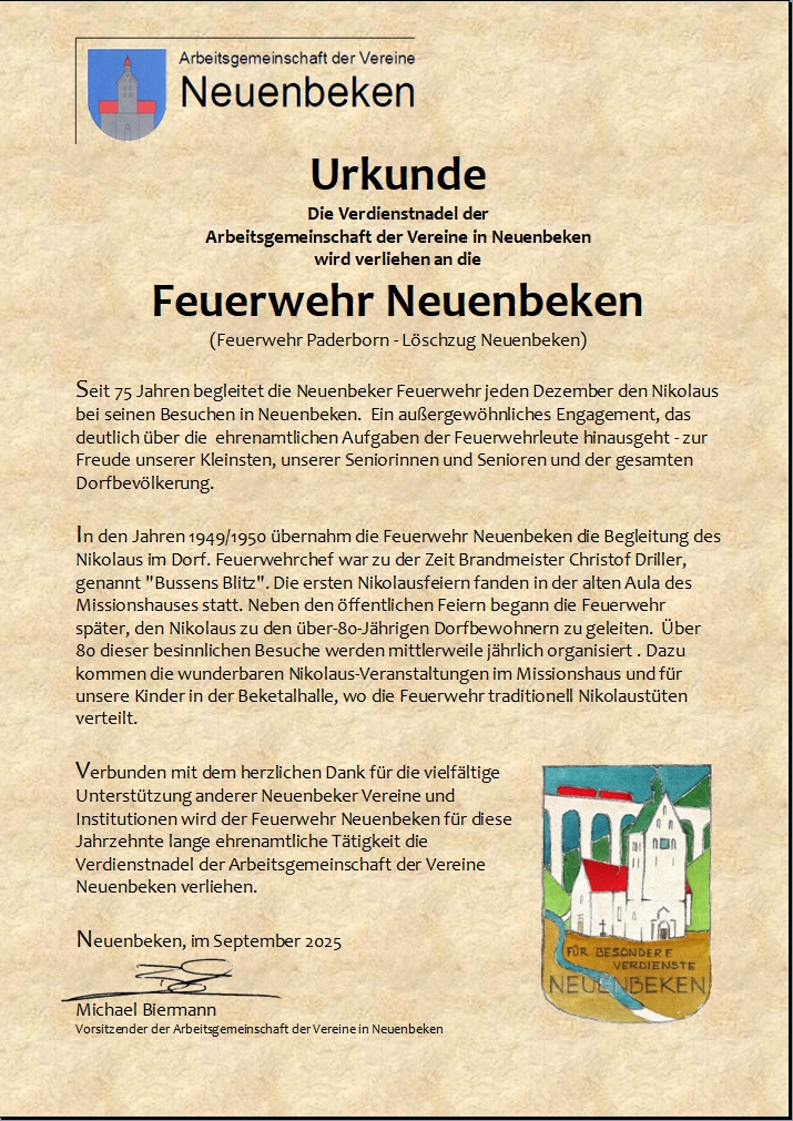 Urkunde zur silbernen Verdienstnadel - Löschzug Neuenbeken